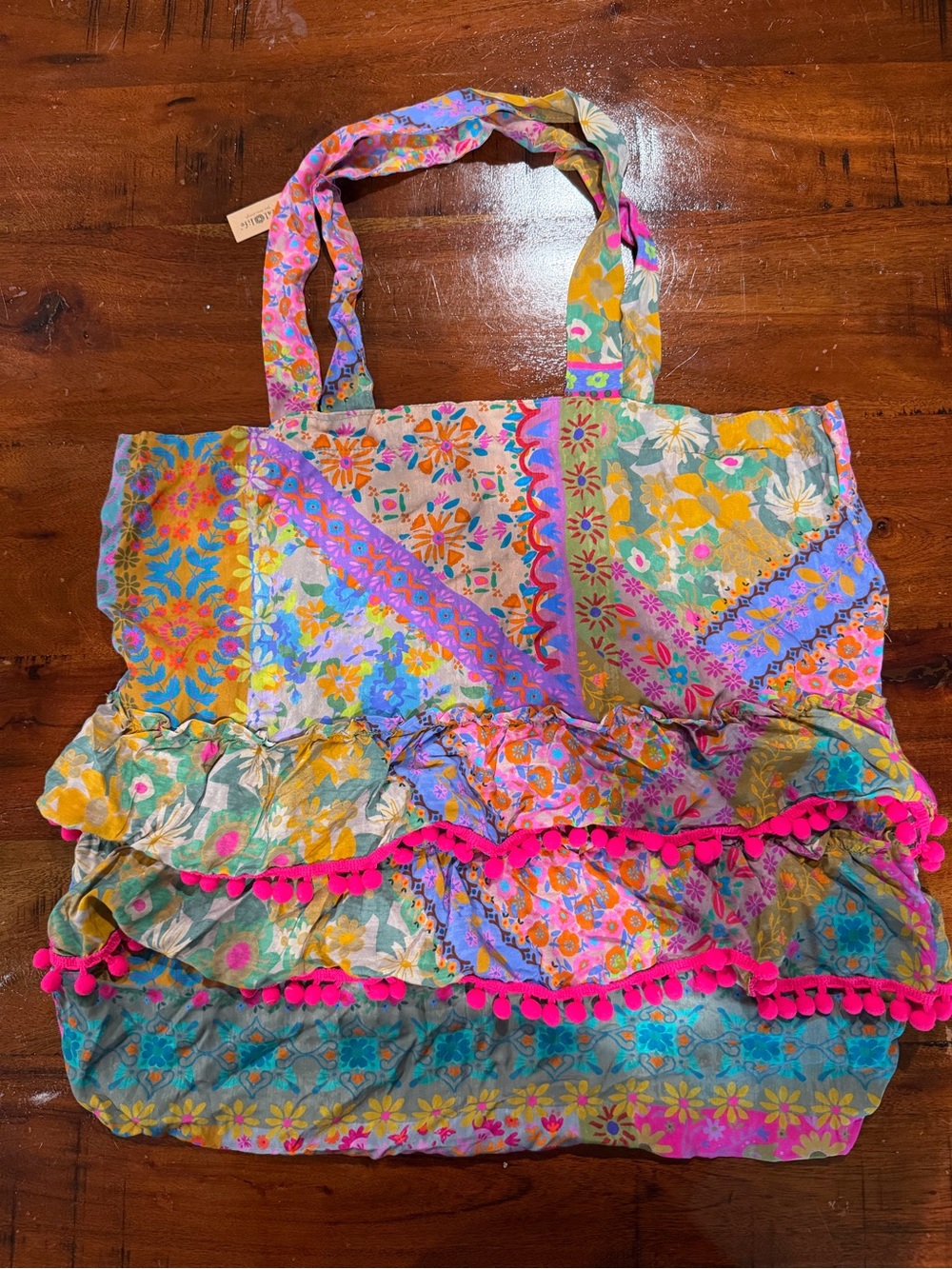 NATURAL LIFE Multicolor Floral Patchwork Tote with Hot Pink Pom Trim